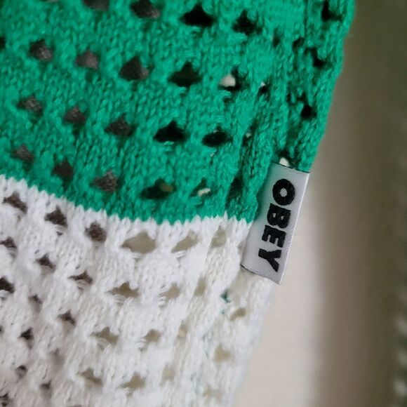 $110 NEW OBEY REVOLVE 60s GREEN TAN WHITE CARDIGAN SWEATER s small NWT - Picture 3 of 9